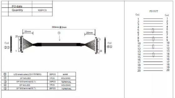 chicote de fios 30AWG 20 Pin Cable Laptop Screen do fio de 0.3mm LVDS
